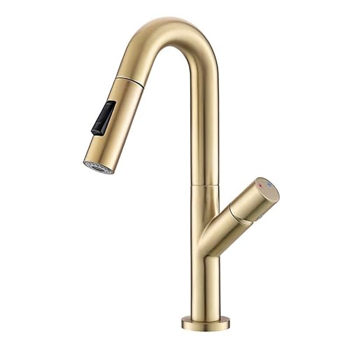 HUUOQIWY Ausziehbarer Waschbeckenhahn in Gun Grey/Brushed Gold, Zwei-Modus-Badezimmer-Warm- und Kaltwasserhahn, Weiß/Schwarz, Küchenspüle(Brushed Gold) von HUUOQIWY