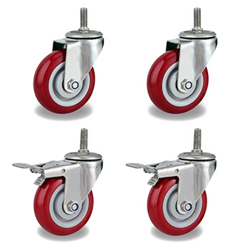 HUUOQIWY Lenkrollen mit M12-Gewinde, Gummi-Lenkrollen, mit Bremsen, um 360 Grad drehbare rote Räder, geeignet for Möbel-DIY-Riemenscheibenzubehör(Rosso,63mm(2.5in)) von HUUOQIWY