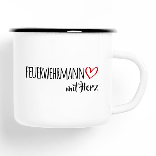 HUURAA! Emaille Tasse Feuerwehrmann mit Herz 300ml Vintage Kaffeetasse mit Motiv für die tollsten Menschen von HUURAA