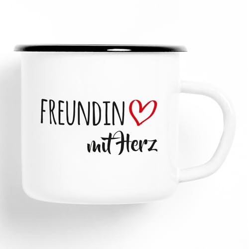 HUURAA! Emaille Tasse Freundin mit Herz 300ml Vintage Kaffeetasse mit Motiv für die tollsten Menschen von HUURAA