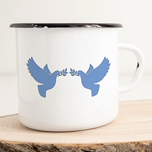 HUURAA! Emaille Tasse Friedenstauben Symbol 300ml Vintage Kaffeetasse mit Motiv für Frieden von HUURAA