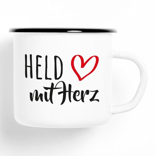 HUURAA! Emaille Tasse Held mit Herz 300ml Vintage Kaffeetasse mit Motiv für die tollsten Menschen von HUURAA