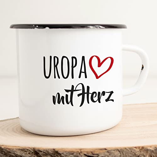 HUURAA! Emaille Tasse Uropa mit Herz 300ml Vintage Kaffeetasse mit Motiv für die tollsten Menschen von HUURAA