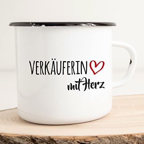 HUURAA! Emaille Tasse Verkäuferin mit Herz 300ml Vintage Kaffeetasse mit Motiv für die tollsten Menschen von HUURAA