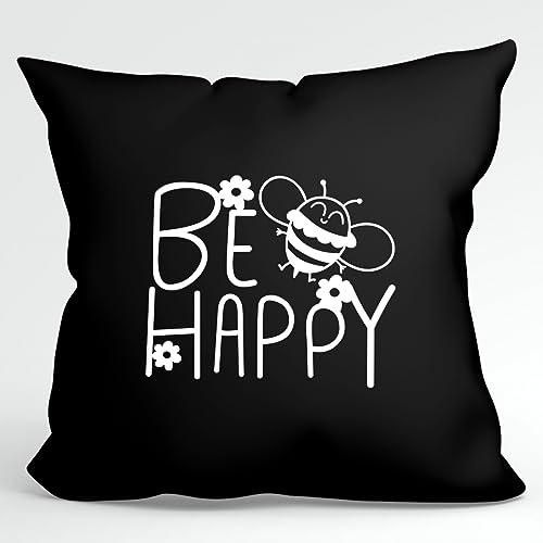 HUURAA Kissen Be Happy Biene Deko Kopfkissen mit Füllung 40x40cm Größe Black mit süßem Motiv Geschenk Idee für Freunde und Familie von HUURAA