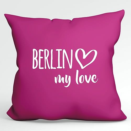 HUURAA Kissen Berlin My Love Deko Kopfkissen mit Füllung 40x40cm Größe Fuchsia für alle Fans von Berlin Deutschland Geschenk Idee für Freunde und Familie von HUURAA