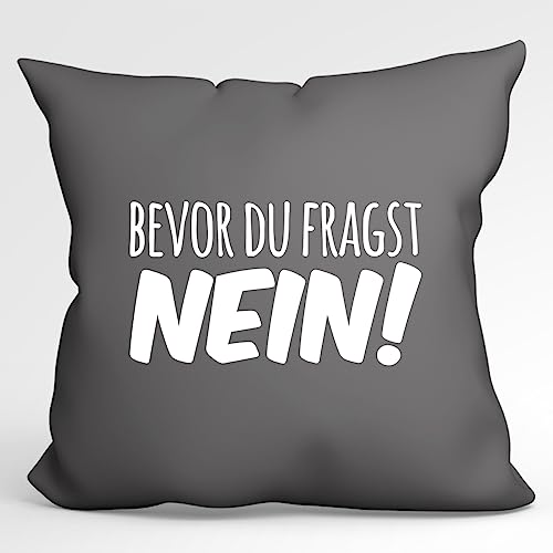 HUURAA Kissen Bevor du fragst Nein Schriftzug Deko Kissenbezug ohne Füllung 40x40cm Größe Steel Grey mit witzigem Motiv Geschenk Idee für Freunde und Familie von HUURAA