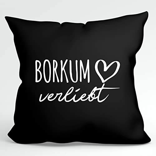 HUURAA Kissen Borkum verliebt Deko Kopfkissen mit Füllung Black mit Namen deiner lieblings Insel Geschenk Idee für Freunde und Familie von HUURAA