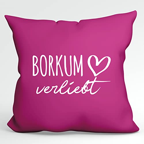 HUURAA Kissen Borkum verliebt Deko Kopfkissen mit Füllung Fuchsia mit Namen deiner lieblings Insel Geschenk Idee für Freunde und Familie von HUURAA