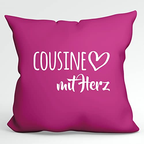 HUURAA Kissen Cousine mit Herz Deko Kopfkissen mit Füllung 40x40cm Fuchsia mit Motiv für die tollsten Menschen Geschenk Idee für Freunde und Familie von HUURAA