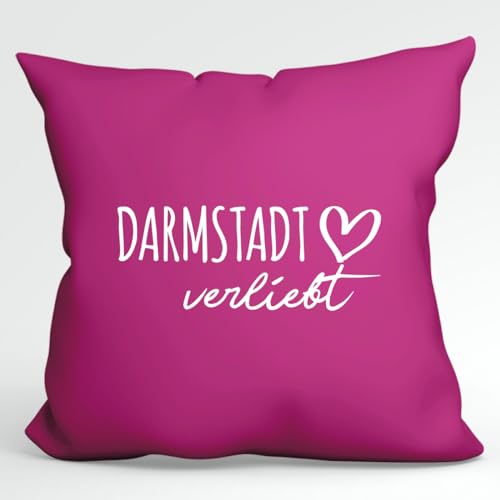 HUURAA Kissen Darmstadt verliebt Deko Kopfkissen mit Füllung 40x40cm Größe Fuchsia mit Namen deiner Lieblingsstadt in Hessen Geschenk Idee für Freunde und Familie von HUURAA