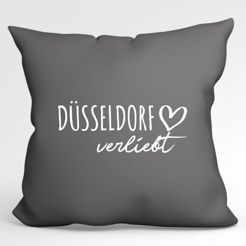 HUURAA Kissen Düsseldorf verliebt Deko Kopfkissen mit Füllung 40x40cm Größe Steel Grey mit Namen deiner Lieblingsstadt in Nordrhein-Westfalen Geschenk Idee für Freunde und Familie von HUURAA