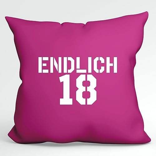 HUURAA Kissen Endlich 18 Schriftzug Deko Kopfkissen mit Füllung 40x40cm Größe Fuchsia für alle als Geschenk zur Volljährigkeit Geschenk Idee für Freunde und Familie von HUURAA