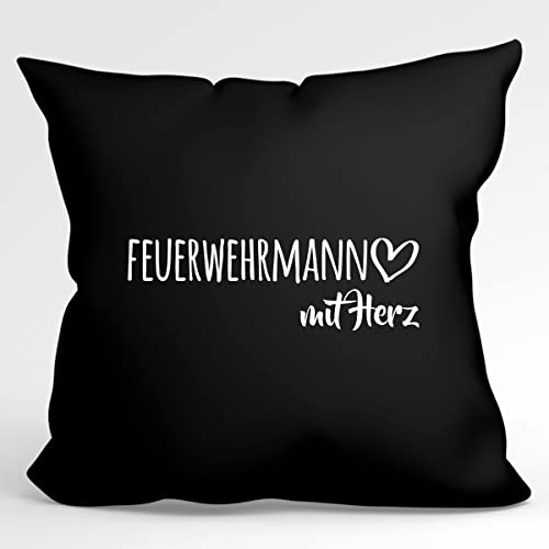 HUURAA Kissen Feuerwehrmann mit Herz Deko Kopfkissen mit Füllung 40x40cm Black mit Motiv für die tollsten Menschen Geschenk Idee für Freunde und Familie von HUURAA