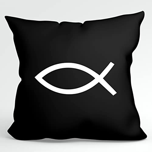 HUURAA Kissen Fische Symbol Deko Kopfkissen mit Füllung 40x40cm Black mit Motiv für Kirche und Glaube Geschenk Idee für Freunde und Familie von HUURAA