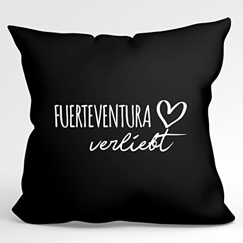 HUURAA Kissen Fuerteventura verliebt Deko Kopfkissen mit Füllung Black mit Namen deiner lieblings Insel Geschenk Idee für Freunde und Familie von HUURAA