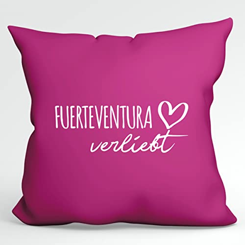 HUURAA Kissen Fuerteventura verliebt Deko Kopfkissen mit Füllung Fuchsia mit Namen deiner lieblings Insel Geschenk Idee für Freunde und Familie von HUURAA