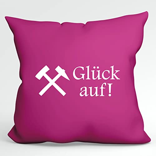 HUURAA Kissen Glück auf! Ruhrpott Deko Kissenbezug ohne Füllung 40x40cm Größe Fuchsia mit Bergbau Motiv Geschenk Idee für Freunde und Familie von HUURAA