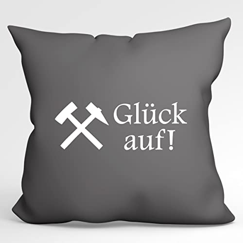 HUURAA Kissen Glück auf! Ruhrpott Deko Kopfkissen mit Füllung 40x40cm Größe Steel Grey mit Bergbau Motiv Geschenk Idee für Freunde und Familie von HUURAA