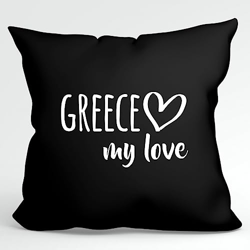 HUURAA Kissen Greece My Love Deko Kopfkissen mit Füllung 40x40cm Größe Black für alle Fans von Griechenland Geschenk Idee für Freunde und Familie von HUURAA