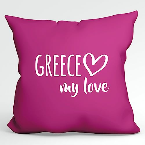 HUURAA Kissen Greece My Love Deko Kopfkissen mit Füllung 40x40cm Größe Fuchsia für alle Fans von Griechenland Geschenk Idee für Freunde und Familie von HUURAA