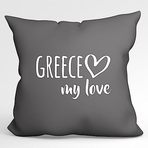 HUURAA Kissen Greece My Love Deko Kopfkissen mit Füllung 40x40cm Größe Steel Grey für alle Fans von Griechenland Geschenk Idee für Freunde und Familie von HUURAA
