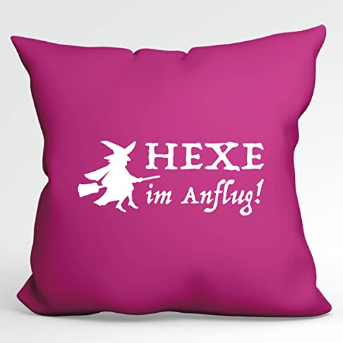 HUURAA Kissen Hexe im Anflug Deko Kopfkissen mit Füllung 40x40cm Fuchsia mit witzigem Motiv Geschenk Idee für Freunde und Familie von HUURAA