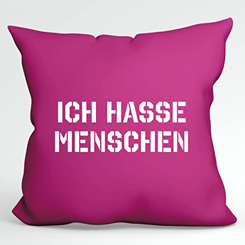 HUURAA Kissen ICH Hasse Menschen Deko Kopfkissen mit Füllung 40x40cm Fuchsia mit witzigem Spurch Geschenk Idee für Freunde und Familie von HUURAA