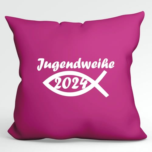 HUURAA Kissen Jugendweihe 2024 Fisch Deko Kopfkissen mit Füllung 40x40cm Größe Fuchsia mit Motiv für die Jugendfeier Geschenk Idee für Freunde und Familie von HUURAA