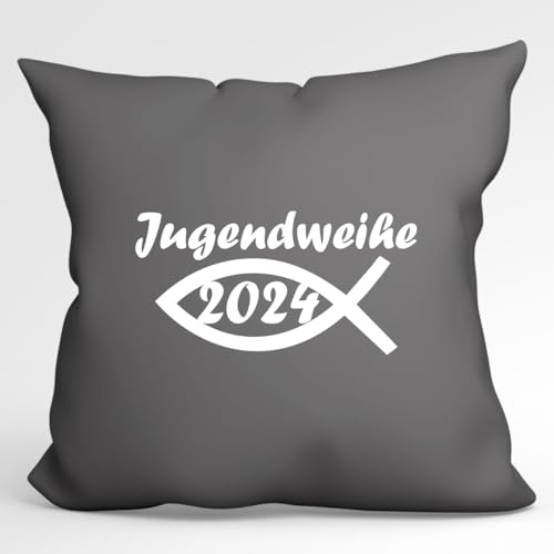 HUURAA Kissen Jugendweihe 2024 Fisch Deko Kopfkissen mit Füllung 40x40cm Größe Steel Grey mit Motiv für die Jugendfeier Geschenk Idee für Freunde und Familie von HUURAA