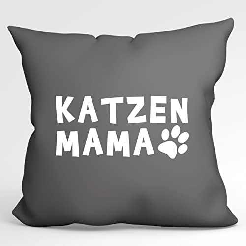 HUURAA Kissen Katzenmama Tapse Deko Kopfkissen mit Füllung 40x40cm Steel Grey mit Motiv für alle Katzenmenschen Geschenk Idee für Freunde und Familie von HUURAA