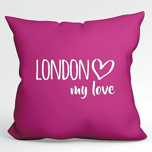 HUURAA Kissen London My Love Deko Kopfkissen mit Füllung 40x40cm Größe Fuchsia für alle Fans von London Großbritannien Geschenk Idee für Freunde und Familie von HUURAA