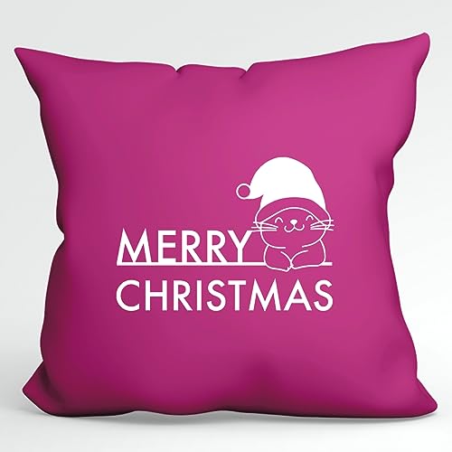 HUURAA Kissen Merry Christmas Katze Deko Kissenbezug ohne Füllung 40x40cm Größe Fuchsia mit Weihnachts Motiv Geschenk Idee für Freunde und Familie von HUURAA