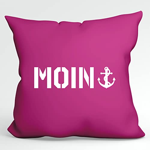 HUURAA Kissen Moin Anker Schriftzug Deko Kopfkissen mit Füllung 40x40cm Fuchsia mit Motiv für Nordlichter Geschenk Idee für Freunde und Familie von HUURAA