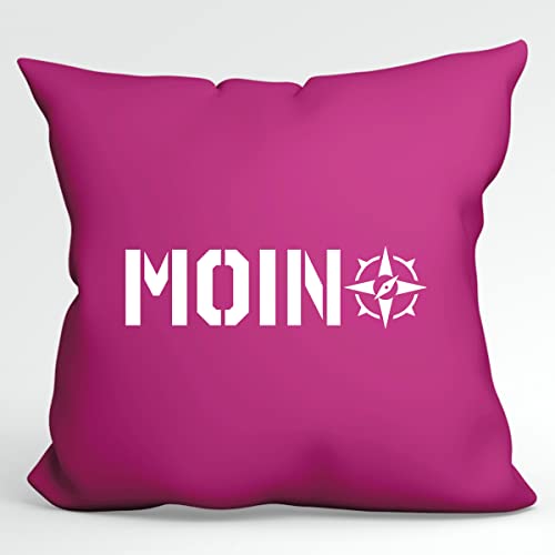 HUURAA Kissen Moin Kompass Schriftzug Deko Kissenbezug ohne Füllung 40x40cm Fuchsia mit Motiv für Nordlichter Geschenk Idee für Freunde und Familie von HUURAA