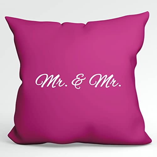 HUURAA Kissen Mr. & Mr. Schriftzug Deko Kopfkissen mit Füllung 40x40cm Fuchsia mit Motiv Hochzeits Geschenk Idee für Freunde und Familie von HUURAA