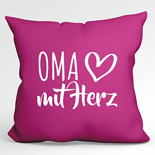 HUURAA Kissen Oma mit Herz Deko Kopfkissen mit Füllung 40x40cm Fuchsia mit Motiv für die tollsten Menschen Geschenk Idee für Freunde und Familie von HUURAA