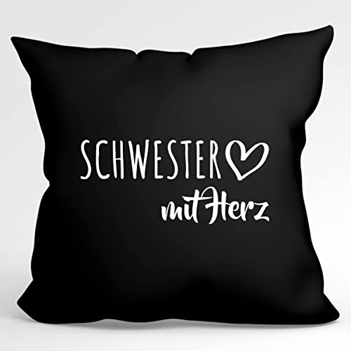 HUURAA Kissen Schwester mit Herz Deko Kopfkissen mit Füllung 40x40cm Black mit Motiv für die tollsten Menschen Geschenk Idee für Freunde und Familie von HUURAA