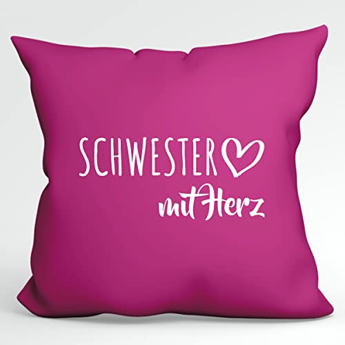 HUURAA Kissen Schwester mit Herz Deko Kopfkissen mit Füllung 40x40cm Fuchsia mit Motiv für die tollsten Menschen Geschenk Idee für Freunde und Familie von HUURAA