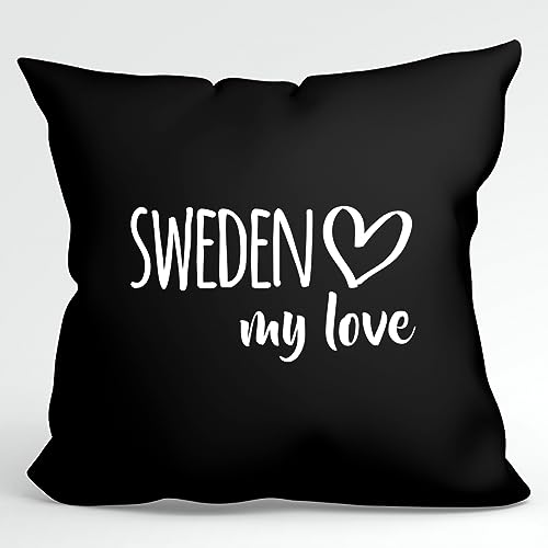 HUURAA Kissen Sweden My Love Deko Kopfkissen mit Füllung 40x40cm Größe Black für alle die Schweden lieben Geschenk Idee für Freunde und Familie von HUURAA