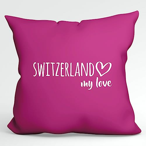 HUURAA Kissen Switzerland My Love Deko Kopfkissen mit Füllung 40x40cm Größe Fuchsia für alle Fans von der Schweiz Geschenk Idee für Freunde und Familie von HUURAA