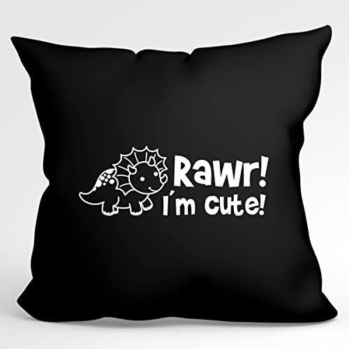 HUURAA Kissen Triceratops I`m Cute Deko Kopfkissen mit Füllung 40x40cm Black mit Motiv für alle Dino Fans Geschenk Idee für Freunde und Familie von HUURAA