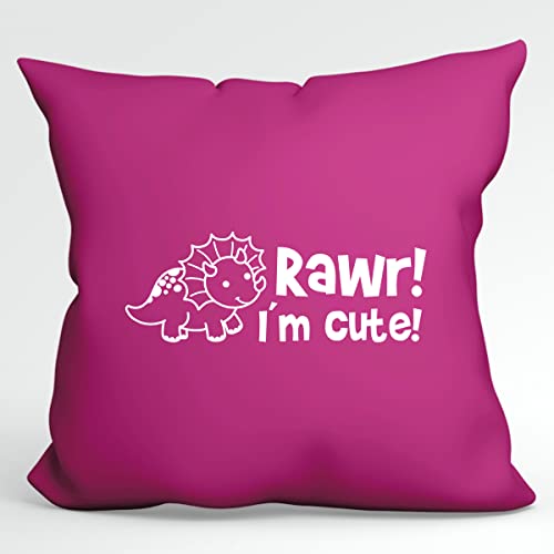 HUURAA Kissen Triceratops I`m Cute Deko Kopfkissen mit Füllung 40x40cm Fuchsia mit Motiv für alle Dino Fans Geschenk Idee für Freunde und Familie von HUURAA