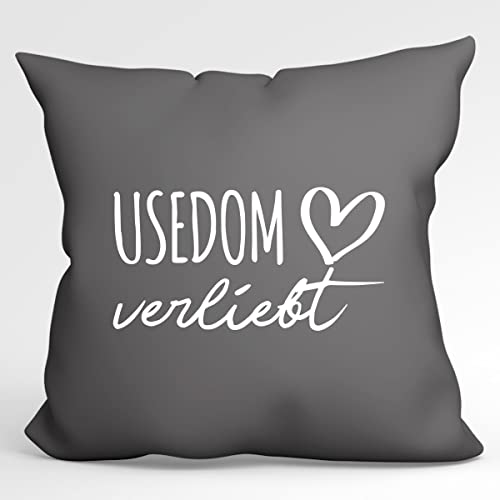 HUURAA Kissen Usedom verliebt Deko Kopfkissen mit Füllung Steel Grey mit Namen deiner lieblings Insel Geschenk Idee für Freunde und Familie von HUURAA