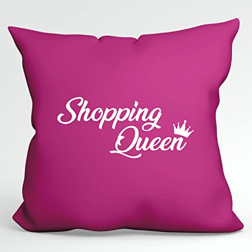 HUURAA Kissen Shopping Queen Krone Deko Kopfkissen mit Füllung 40x40cm Fuchsia mit Schriftzug Geschenk Idee für Freunde und Familie von HUURAA