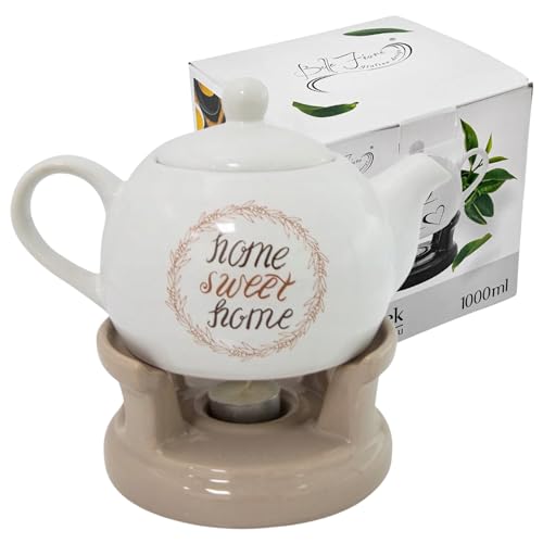 HUW - Glasierter Keramik Teekanne Set mit Stövchen und Teelicht 1000 ml - 1L Tropffrei Teekrug Herzmuster Keramikset Glasur - Teewärmer Teelichtwärmer Teelichthalter Teekessel Krug - Home sweet home von HUW