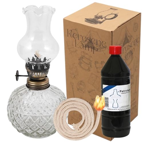 HUW Set 3-in-1-Ölglas-Öllampe mit verstellbarer Flamme, Lampenöl, Ersatzdocht, Kerosinlampe, Retro, rustikal, Loft, Vintage-Dekoration, Garten, Terrasse, Heimdekoration, Laterne (LAN181SET) von HUW