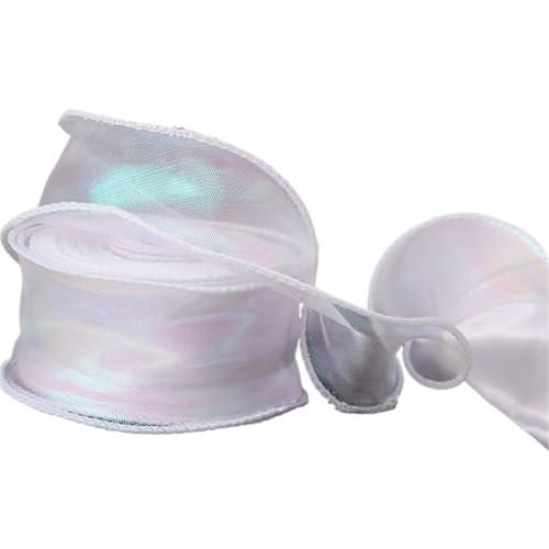 HUWOYG 10 Rollen × 10 Yards 40 mm Fischschwanz-Organzaband, reflektierendes, schillerndes Band mit gewelltem Rand for Geschenkverpackungen, DIY-Bogen, Blumensträuße, Voile-Bänder Für Basteln(White) von HUWOYG