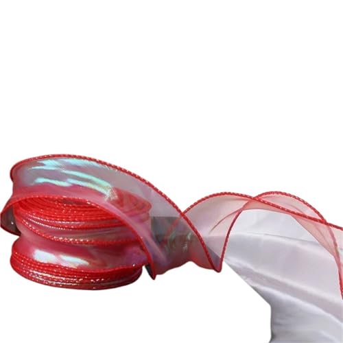 HUWOYG 10 Rollen × 10 Yards 40 mm Fischschwanz-Organzaband, reflektierendes, schillerndes Band mit gewelltem Rand for Geschenkverpackungen, DIY-Bogen, Blumensträuße, Voile-Bänder Für Basteln(Red) von HUWOYG