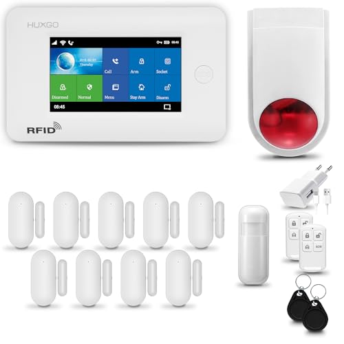 HUXGO® HXA006 Funk Alarmanlage Set WiFi + GSM 4G LTE mit Alarmsirene | Alarm System mit Bewegungsmelder, 9X Fensteralarm/Türsensoren | Alarmanlage fürs Haus, Wohnung, Wohnmobil | Smart Home von HUXGO